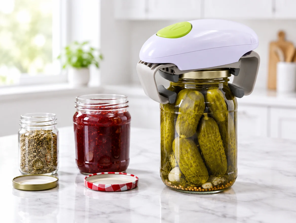 Twist Buddy Pro opening a large pickle jar beside opened spice and jam jars