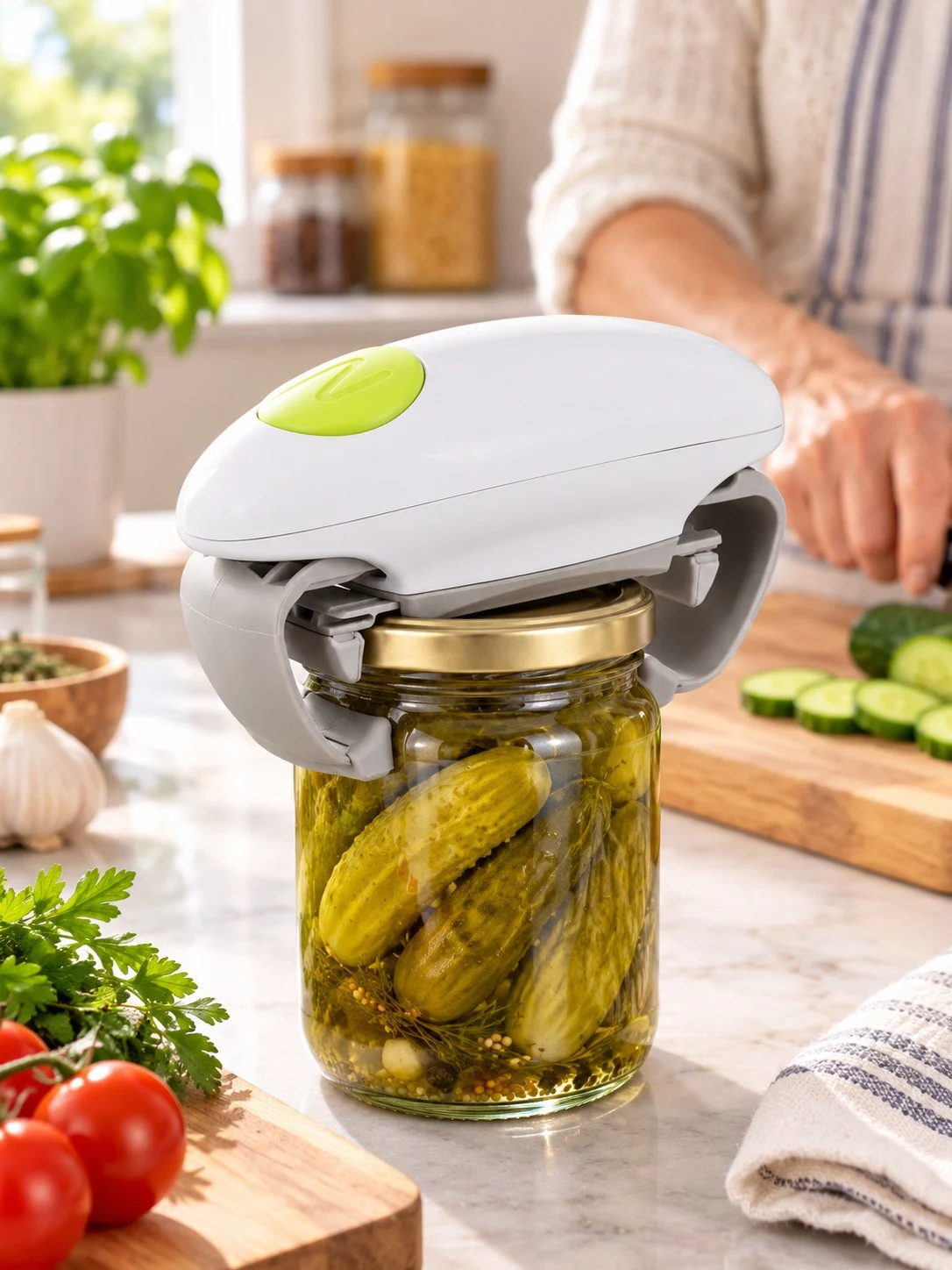 Twist Buddy Pro opening a pickle jar on a kitchen counter