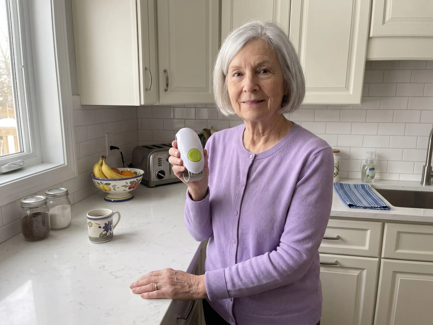 Senior woman showing her Twist Buddy Pro in her bright kitchen