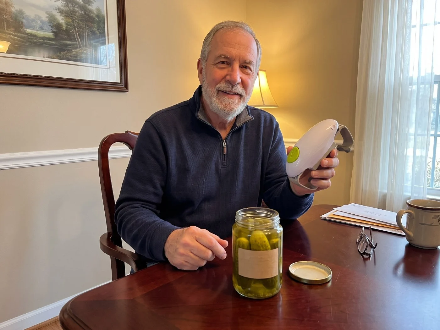 Senior man holding Twist Buddy Pro beside an opened pickle jar
