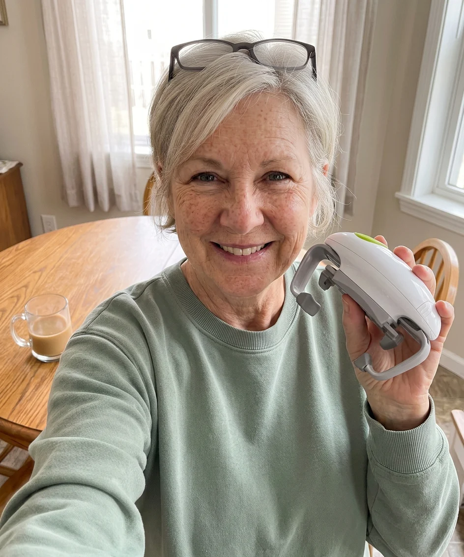 Debra holding her Twist Buddy Pro at her kitchen table