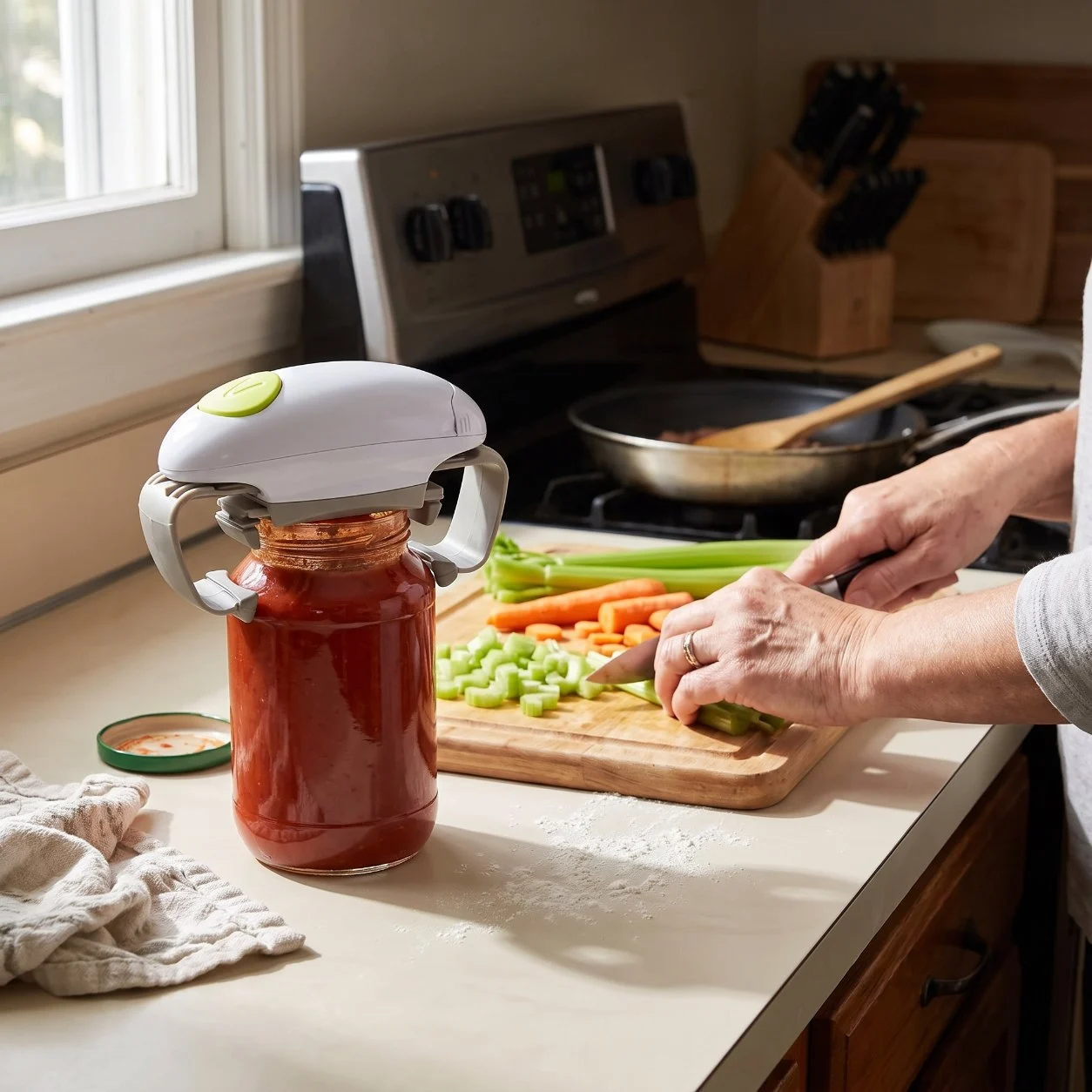 Cooking in progress with Twist Buddy Pro opening a jar
