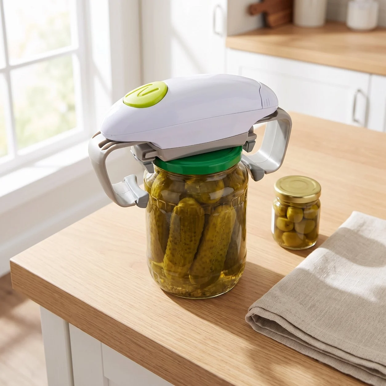 Wide pickle jar with Twist Buddy Pro on the lid
