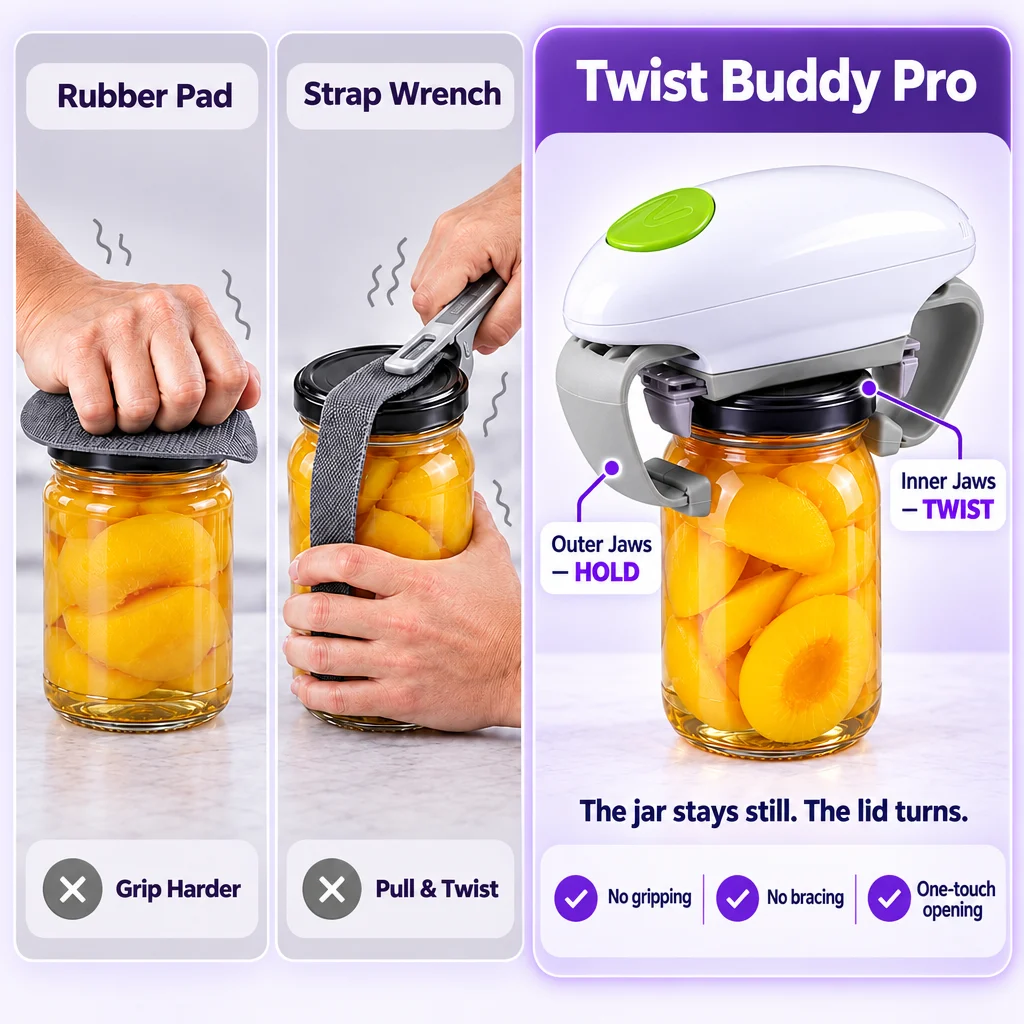 Rubber pad and strap wrench compared with Twist Buddy Pro dual jaws on the same jar