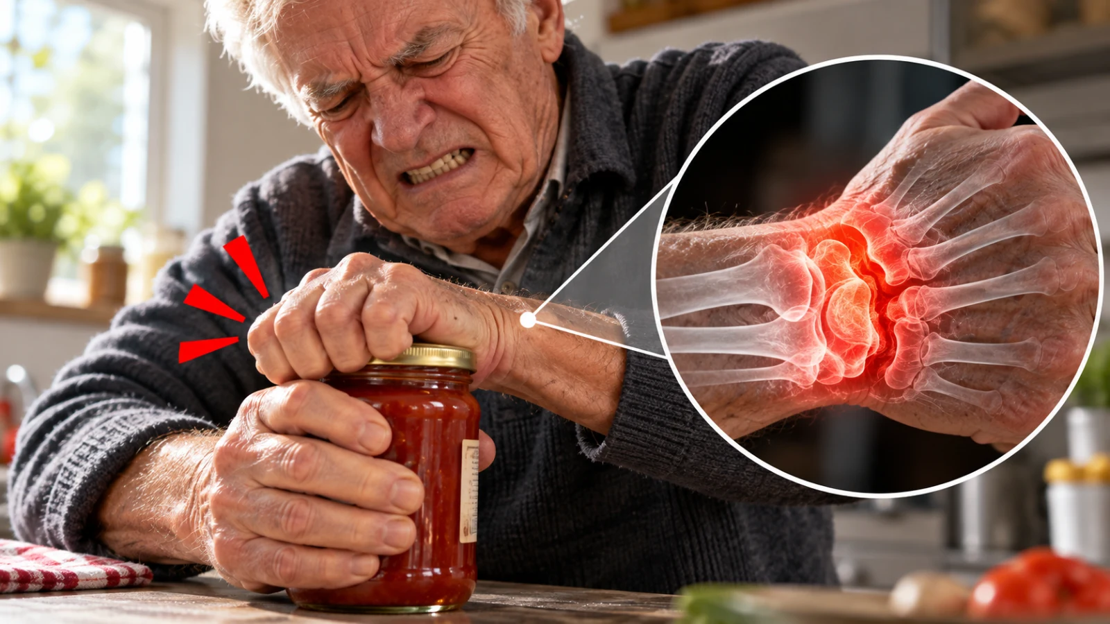 Older man straining to open a sealed jar, with a close-up of wrist joint strain