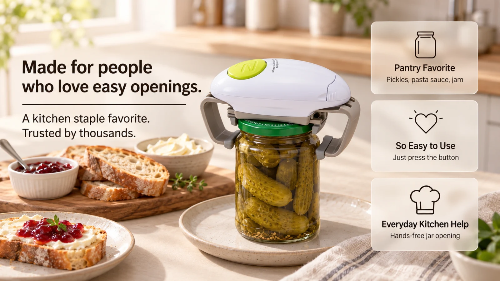 Twist Buddy Pro opening a pickle jar on a kitchen counter