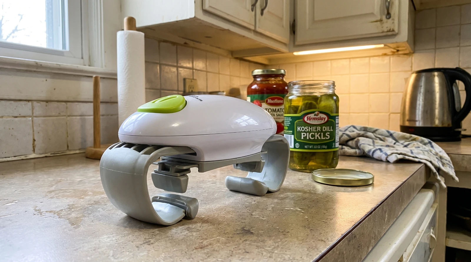 Twist Buddy Pro automatic jar opener on a kitchen counter next to an opened pickle jar